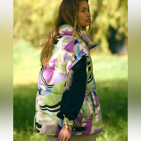 Free People Movement In A Bubble Printed Puffer Vest Zip White Lime Black Small - Picture 3 of 6